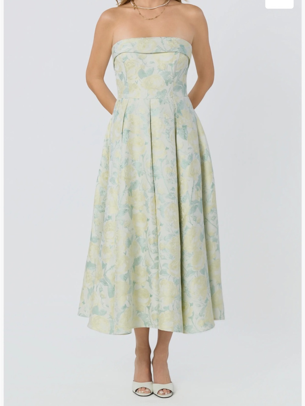 Astr Strapless Floral Midi Dress in Pale Yellow and Soft Ivory Floral Lace